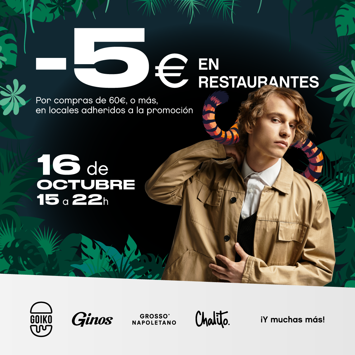 Boy in a beige parka and a 5€ discount on the jungle night