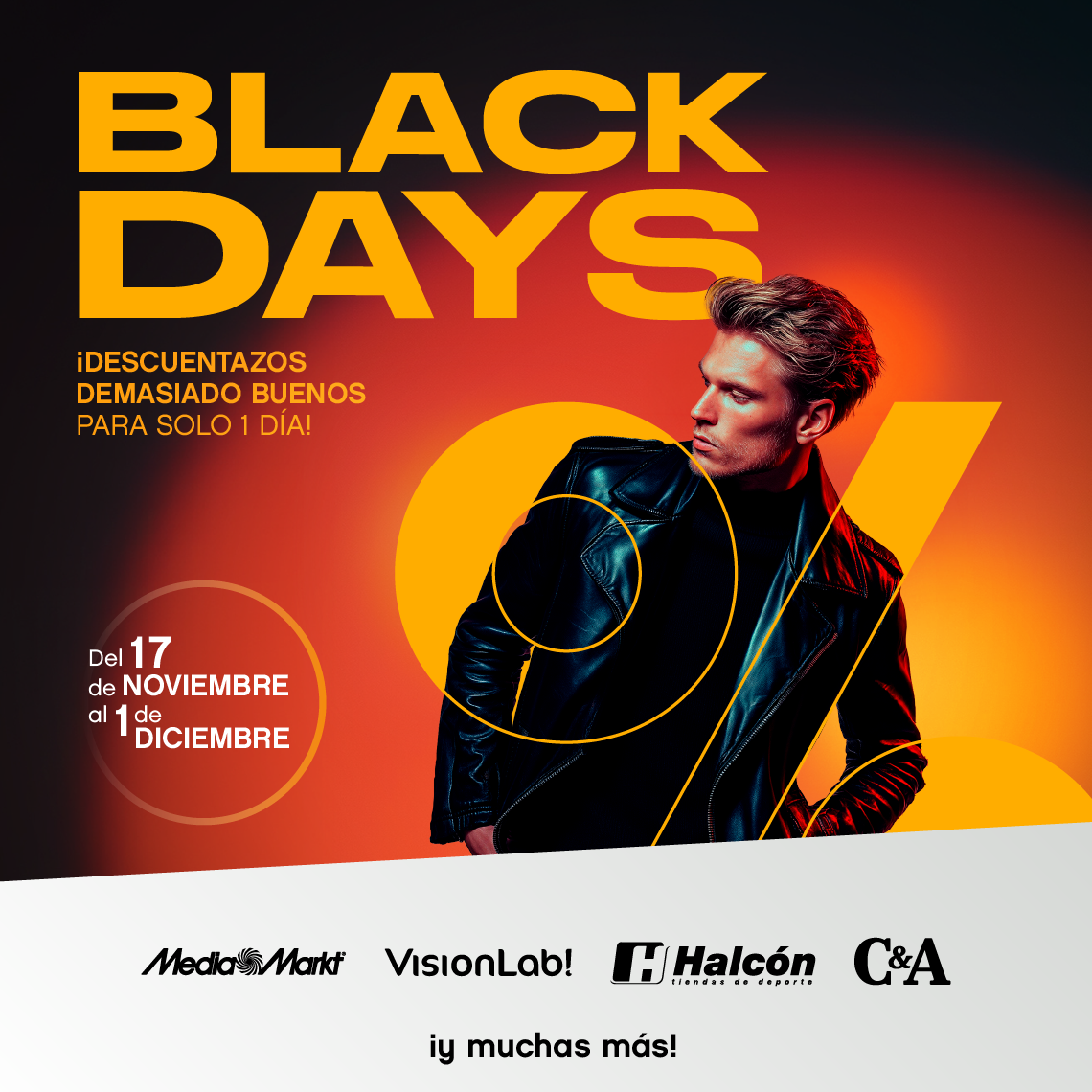 A boy dressed in a wintery and black style promotes "Black Days" on a gradient background with brand logos.