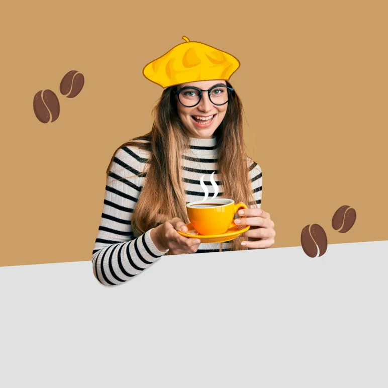 chica con gafas tomando café