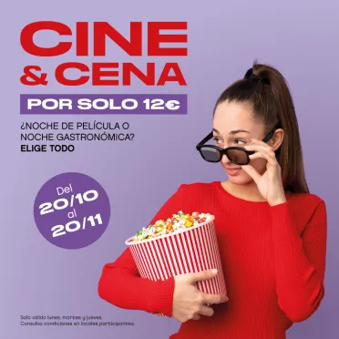 CINE Y CENA POR SOLO 12 EUROS. CHICA CON JERSEY ROJO Y CUBO DE PALOMITAS